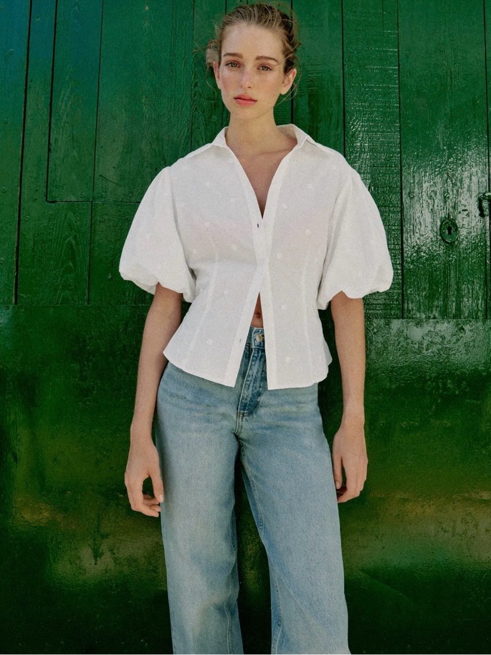 Zara White Eyelet Puff-Sleeve Button Down Top